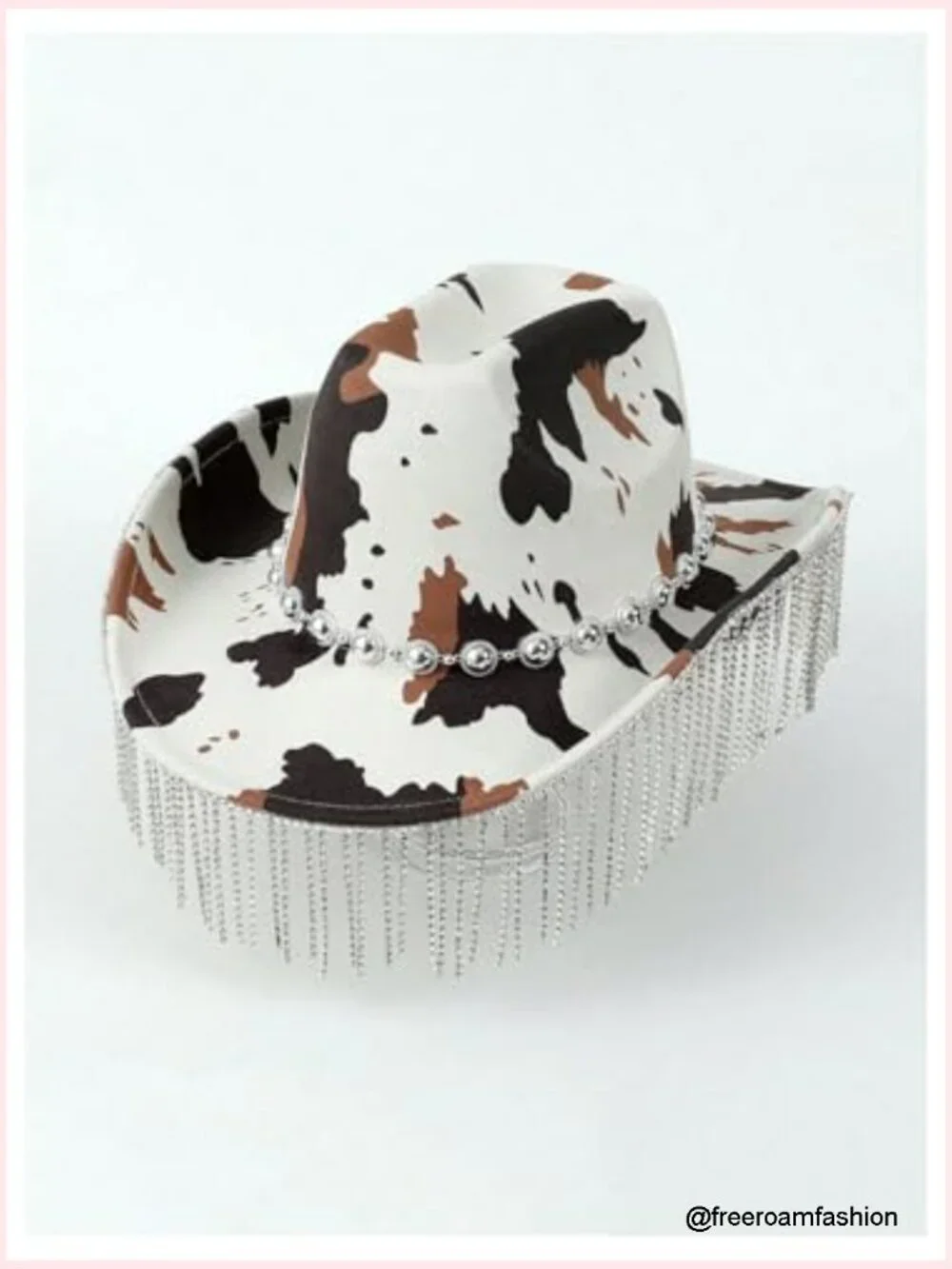 Cow Print Wide Brim Fringe Beaded Western Cowgirl Hat Y2K Festival